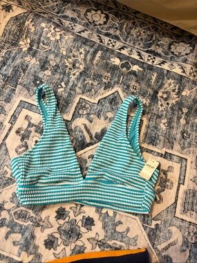 aerie Teal and White Striped Ribbed V-Neck Bikini Top
